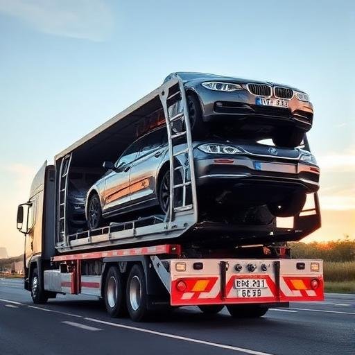 Cargo van loaded on a medium-duty flatbed tow truck for transport to a service shop in the Greater Toronto Area